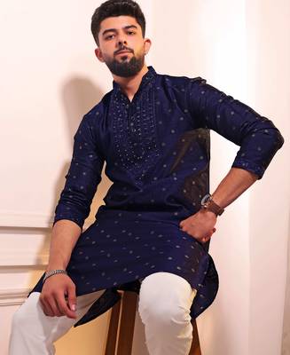 Blue color jacquard silk fabric embroidered kurta payjama for men's 3