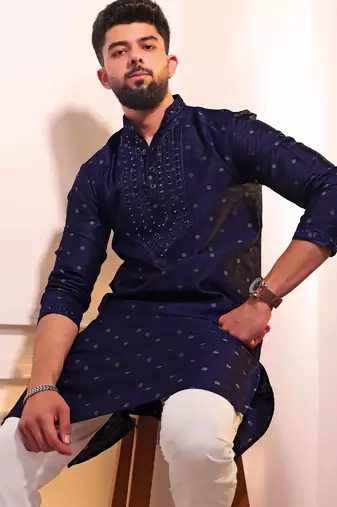 Blue color jacquard silk fabric embroidered kurta payjama for men's