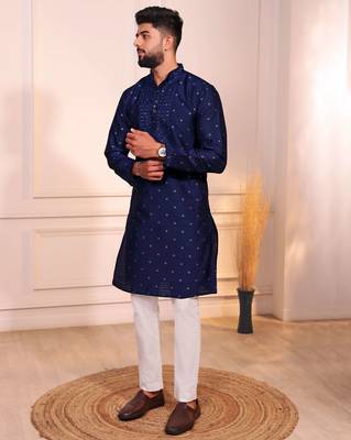 Blue color jacquard silk fabric embroidered kurta payjama for men's 4