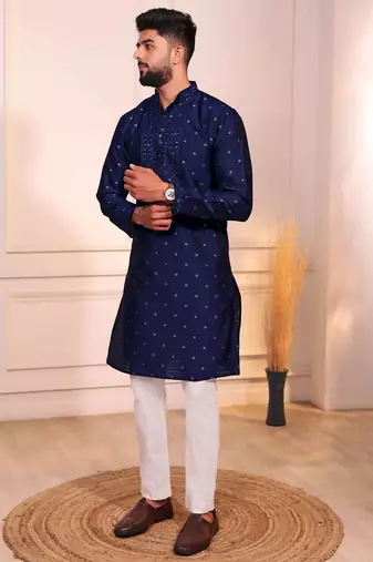 Blue color jacquard silk fabric embroidered kurta payjama for men's