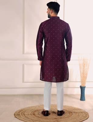 Wine color jacquard silk fabric embroidered kurta payjama for men's 2