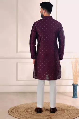 Wine color jacquard silk fabric embroidered kurta payjama for men's