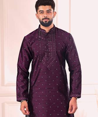 Wine color jacquard silk fabric embroidered kurta payjama for men's 3