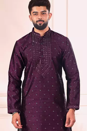 Wine color jacquard silk fabric embroidered kurta payjama for men's