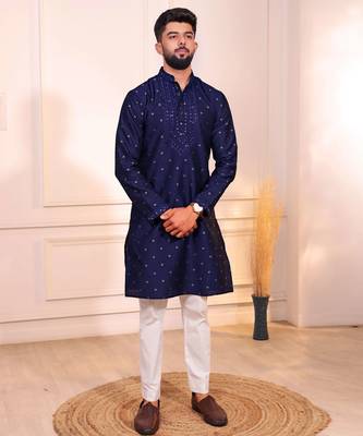 Blue color jacquard silk fabric embroidered kurta payjama for men's 5