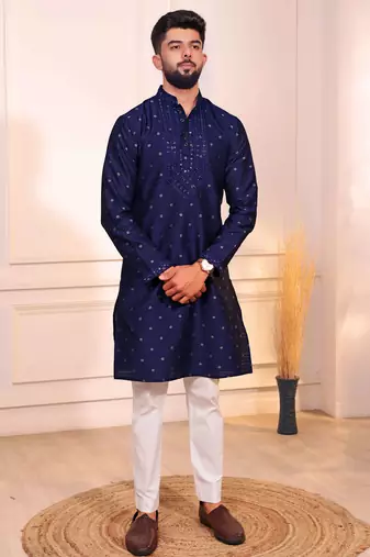 Blue color jacquard silk fabric embroidered kurta payjama for men's