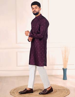 Wine color jacquard silk fabric embroidered kurta payjama for men's 4