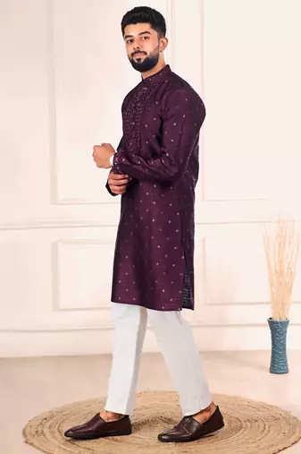 Wine color jacquard silk fabric embroidered kurta payjama for men's