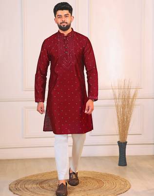 Maroon color jacquard silk fabric embroidered kurta payjama for men's 1