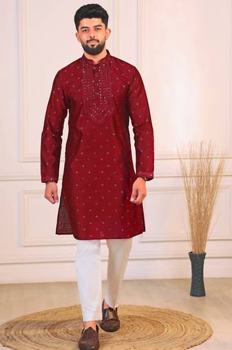 Maroon color jacquard silk fabric designer embroidered kurta payjama for men's