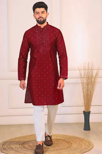 Maroon color jacquard silk fabric designer embroidered kurta payjama for men's
