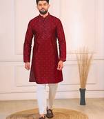 Maroon color jacquard silk fabric designer embroidered kurta payjama for men's