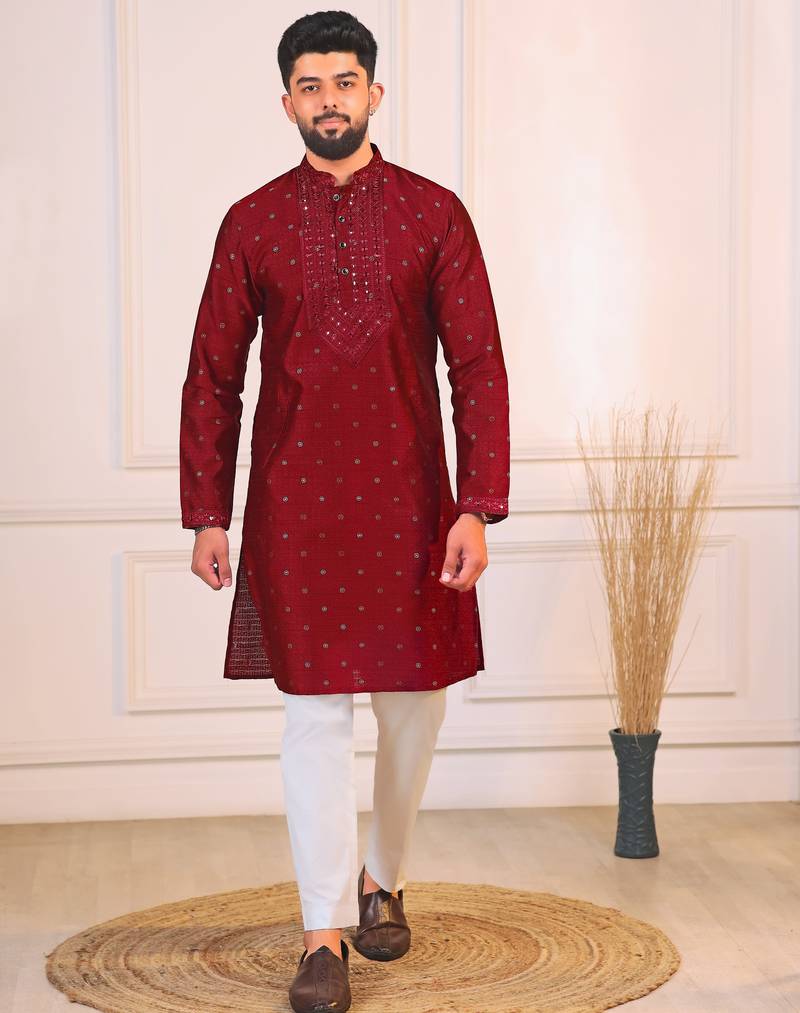 Maroon color jacquard silk fabric designer embroidered kurta payjama for men's