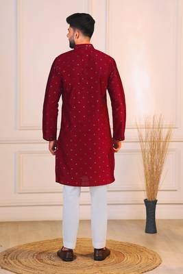 Maroon color jacquard silk fabric embroidered kurta payjama for men's 2