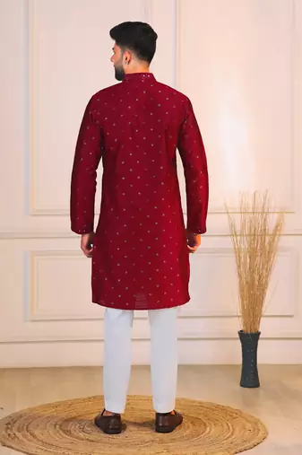 Maroon color jacquard silk fabric embroidered kurta payjama for men's
