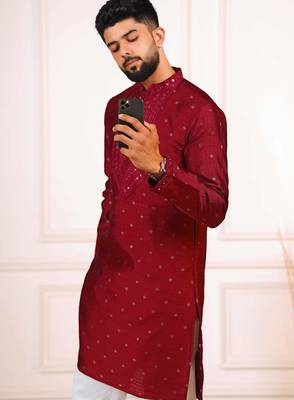 Maroon color jacquard silk fabric embroidered kurta payjama for men's 3