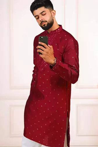 Maroon color jacquard silk fabric embroidered kurta payjama for men's