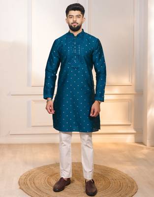 Teal color jacquard silk fabric embroidered kurta payjama for men's 1