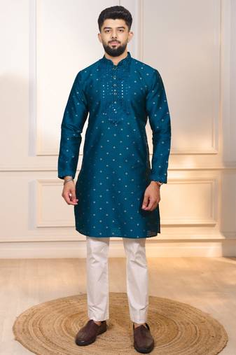 Teal color jacquard silk fabric designer embroidered kurta payjama for men's
