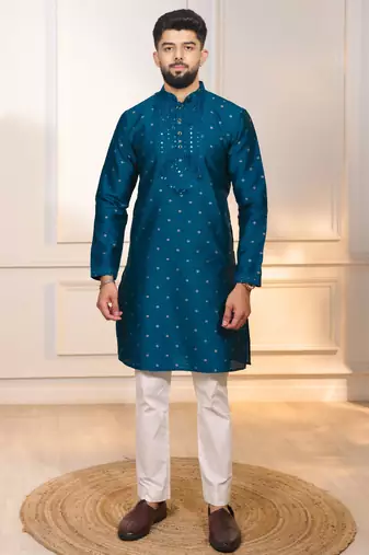 Teal color jacquard silk fabric designer embroidered kurta payjama for men's