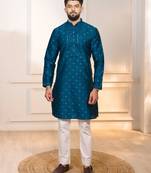 Teal color jacquard silk fabric designer embroidered kurta payjama for men's