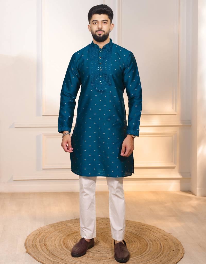 Teal color jacquard silk fabric designer embroidered kurta payjama for men's