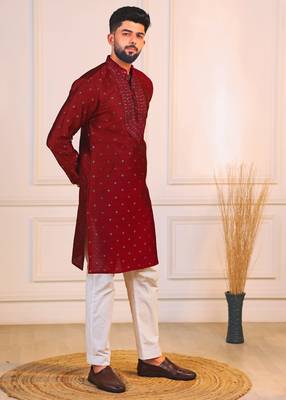 Maroon color jacquard silk fabric embroidered kurta payjama for men's 4