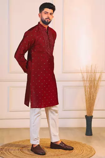 Maroon color jacquard silk fabric embroidered kurta payjama for men's