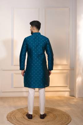 Teal color jacquard silk fabric embroidered kurta payjama for men's 2
