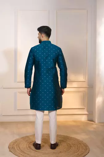 Teal color jacquard silk fabric embroidered kurta payjama for men's