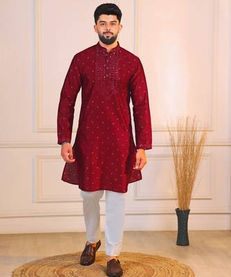 Maroon color jacquard silk fabric embroidered kurta payjama for men's 5