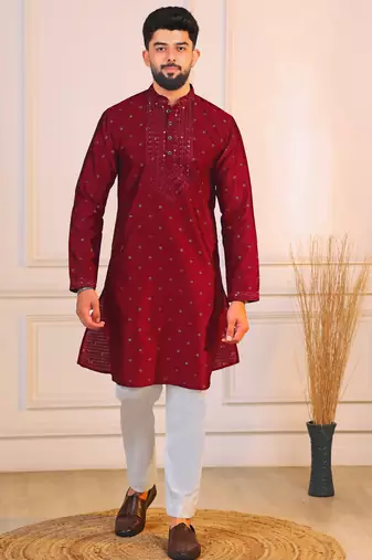 Maroon color jacquard silk fabric embroidered kurta payjama for men's