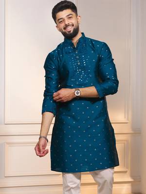Teal color jacquard silk fabric embroidered kurta payjama for men's 3