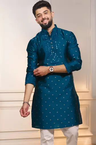Teal color jacquard silk fabric embroidered kurta payjama for men's