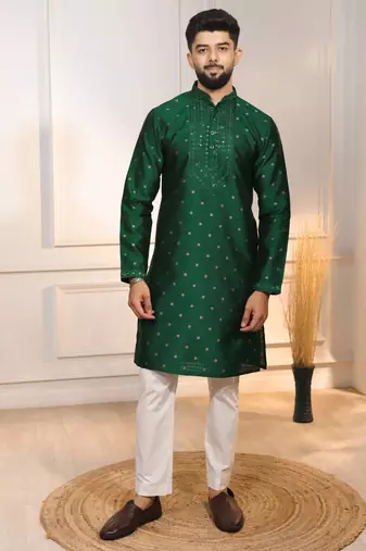 Green color jacquard silk fabric designer embroidered kurta payjama for men's