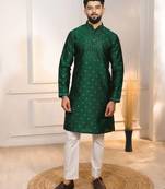 Green color jacquard silk fabric designer embroidered kurta payjama for men's