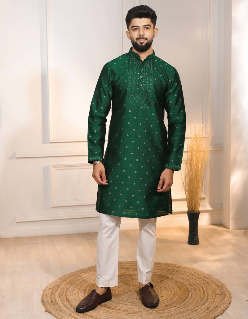 Green color jacquard silk fabric designer embroidered kurta payjama for men's