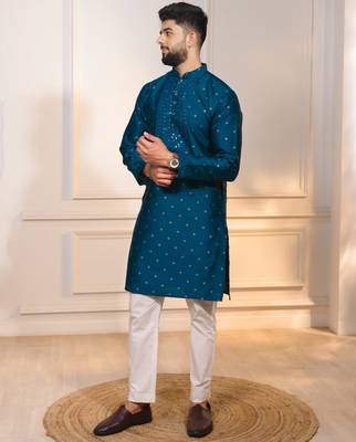 Teal color jacquard silk fabric embroidered kurta payjama for men's 4