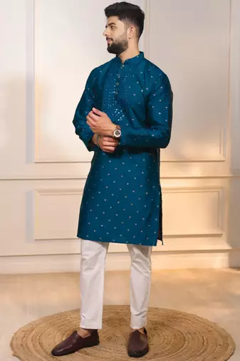 Teal color jacquard silk fabric embroidered kurta payjama for men's