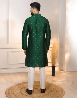 Green color jacquard silk fabric embroidered kurta payjama for men's 2