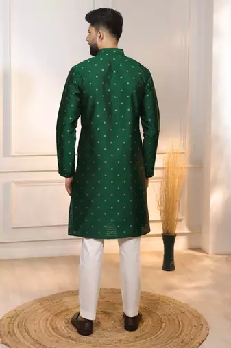 Green color jacquard silk fabric embroidered kurta payjama for men's