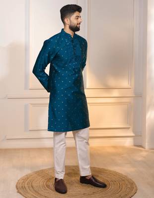 Teal color jacquard silk fabric embroidered kurta payjama for men's 5