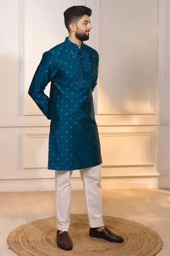 Teal color jacquard silk fabric embroidered kurta payjama for men's
