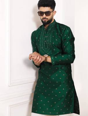 Green color jacquard silk fabric embroidered kurta payjama for men's 3