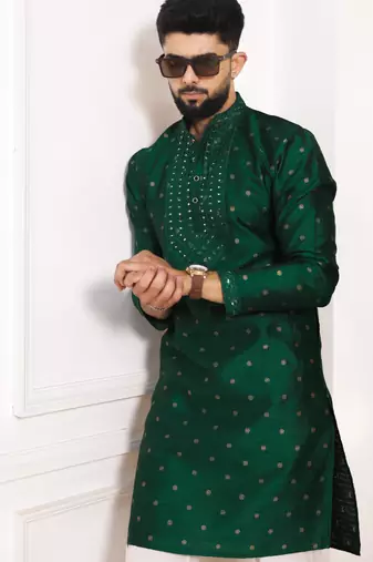 Green color jacquard silk fabric embroidered kurta payjama for men's