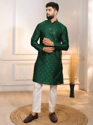 Green color jacquard silk fabric embroidered kurta payjama for men's 4