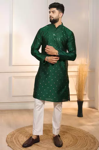 Green color jacquard silk fabric embroidered kurta payjama for men's