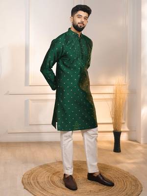 Green color jacquard silk fabric embroidered kurta payjama for men's 5