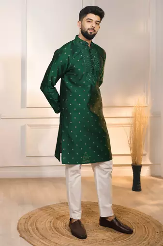 Green color jacquard silk fabric embroidered kurta payjama for men's