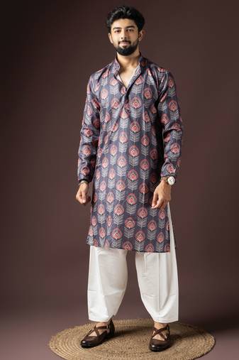 Dark grey color beautiful printed blended cotton fabric ceremonial men's kurta payjama